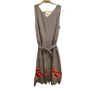 Talbots Sleeveless Striped Dress with Red Roses, Belt fit/flare Women's Size 14